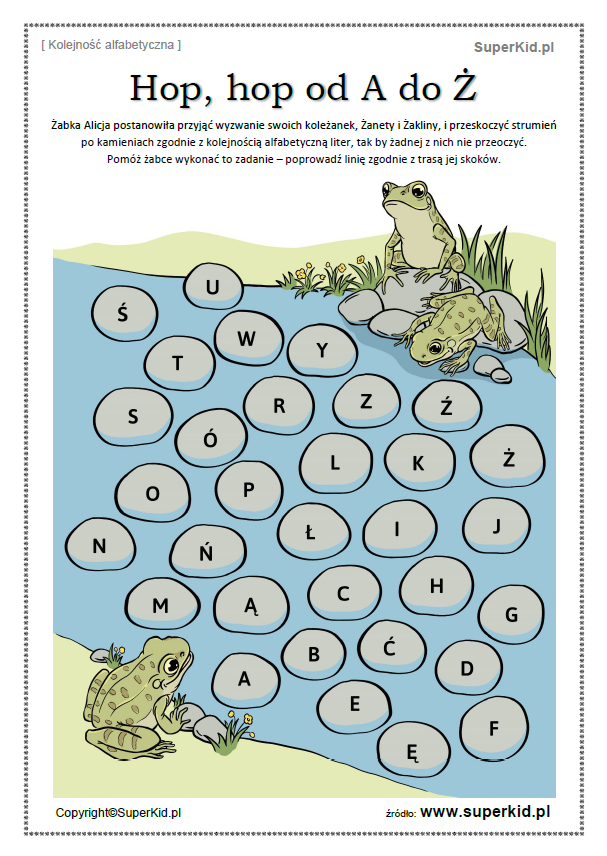 elementarz - kolejność alfabetyczna - żaba skacze po kamieniach oznaczonych literami